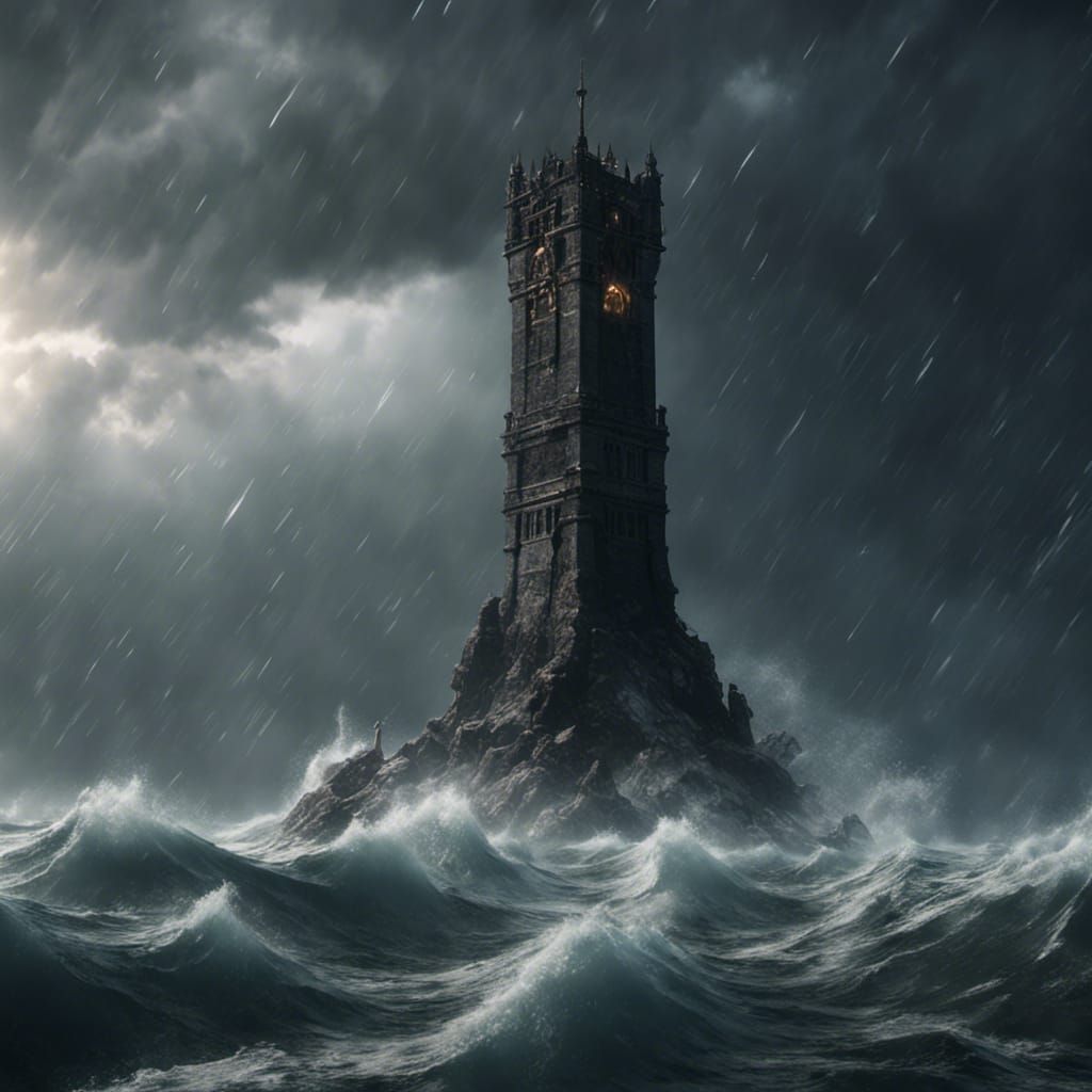 Black Tower in Ocean Storm: 3D Game Cinematic
