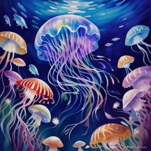 Watercolor Jellyfish in Neo-Impressionist Style