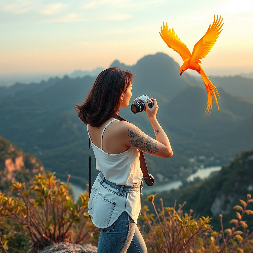 Beautiful Korean Woman with Phoenix, Digital Art