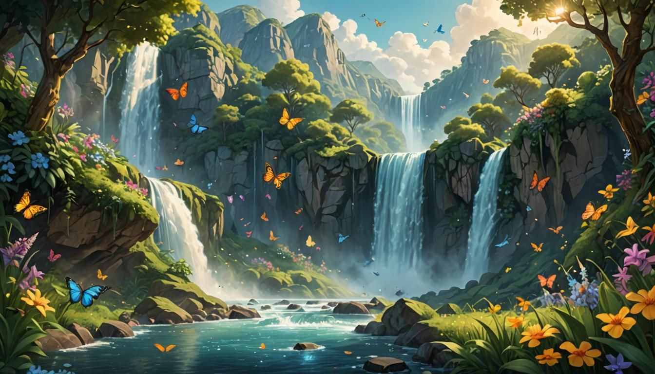 Fairytale Paradise Waterfall in Pixar-Inspired 3D Art