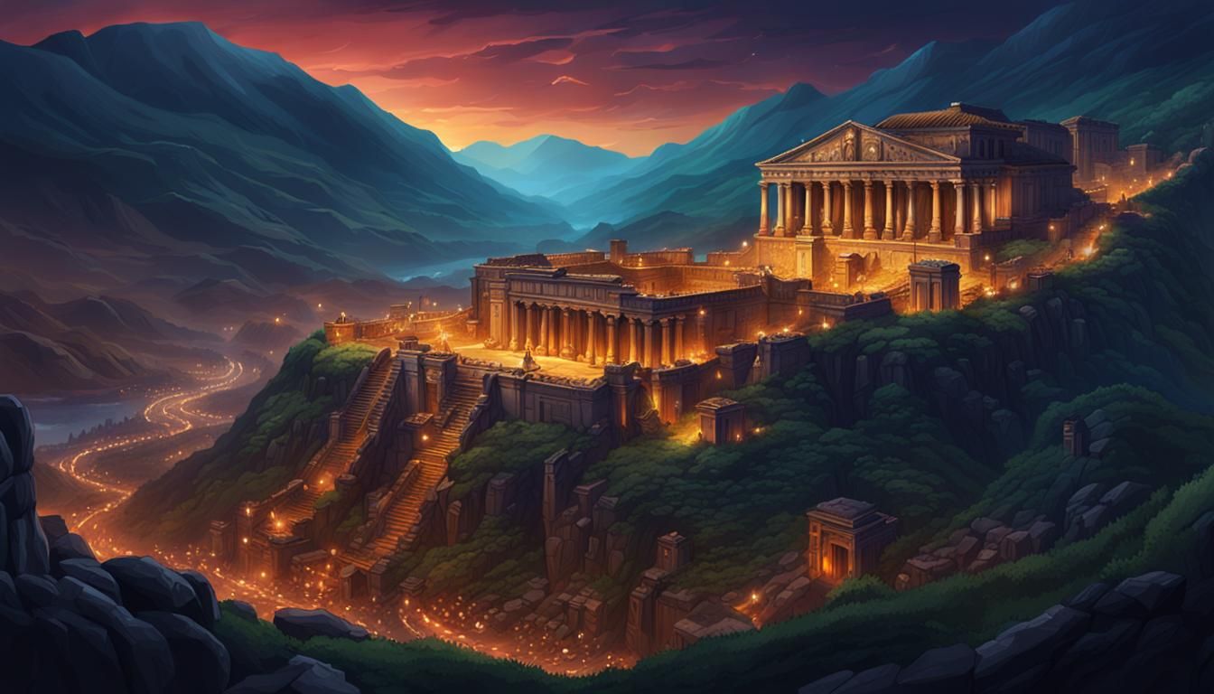 Ancient Roman Settlement at Night: Hyperrealistic Splash Art
