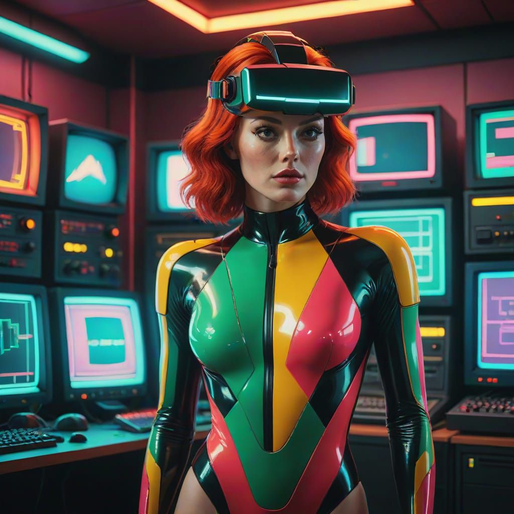 Hyperrealistic Red-Headed Beauty in 1980s Computer Room Atti...