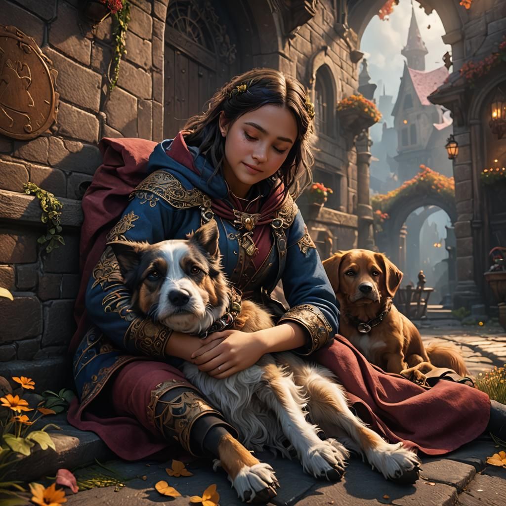Girl and Dog Cuddling: Detailed Fantasy Art