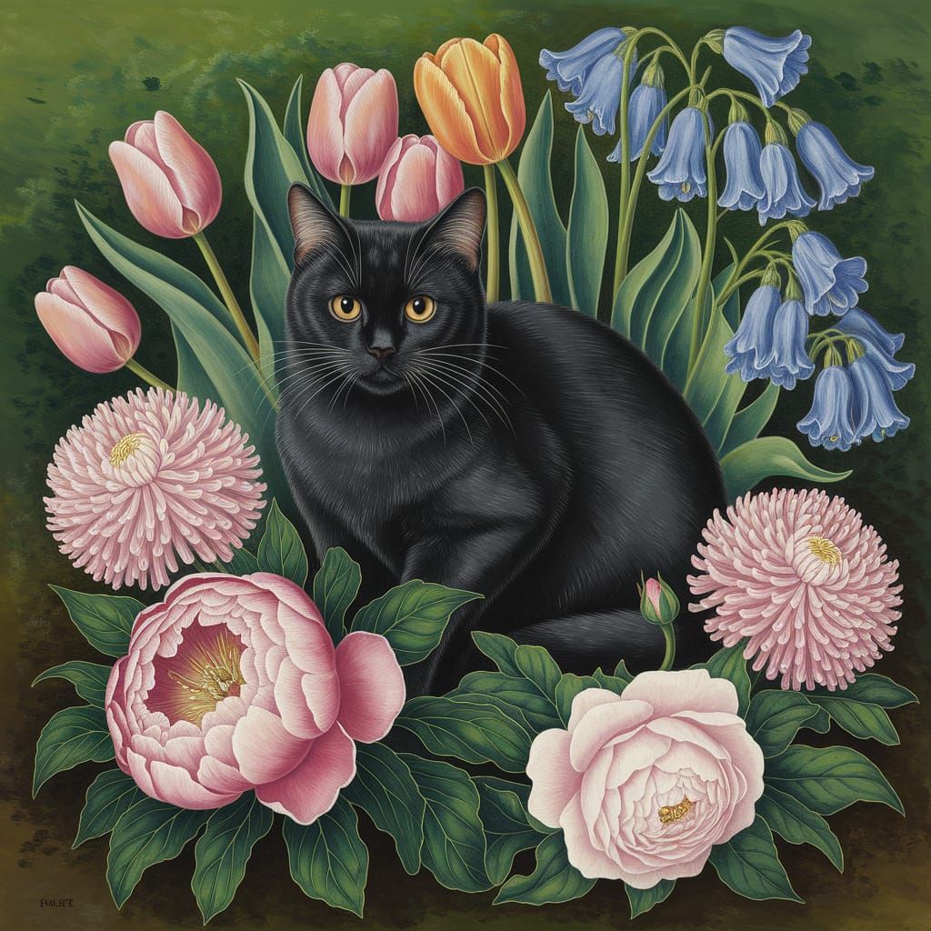 Black Cat Among Flowers in Vintage Oil Painting Style