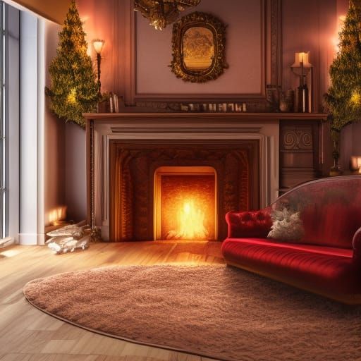 Magical Cozy Christmas Fireplace in Gold and Red