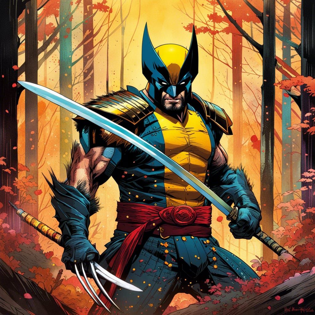 Wolverine as Samurai in Watercolor Style