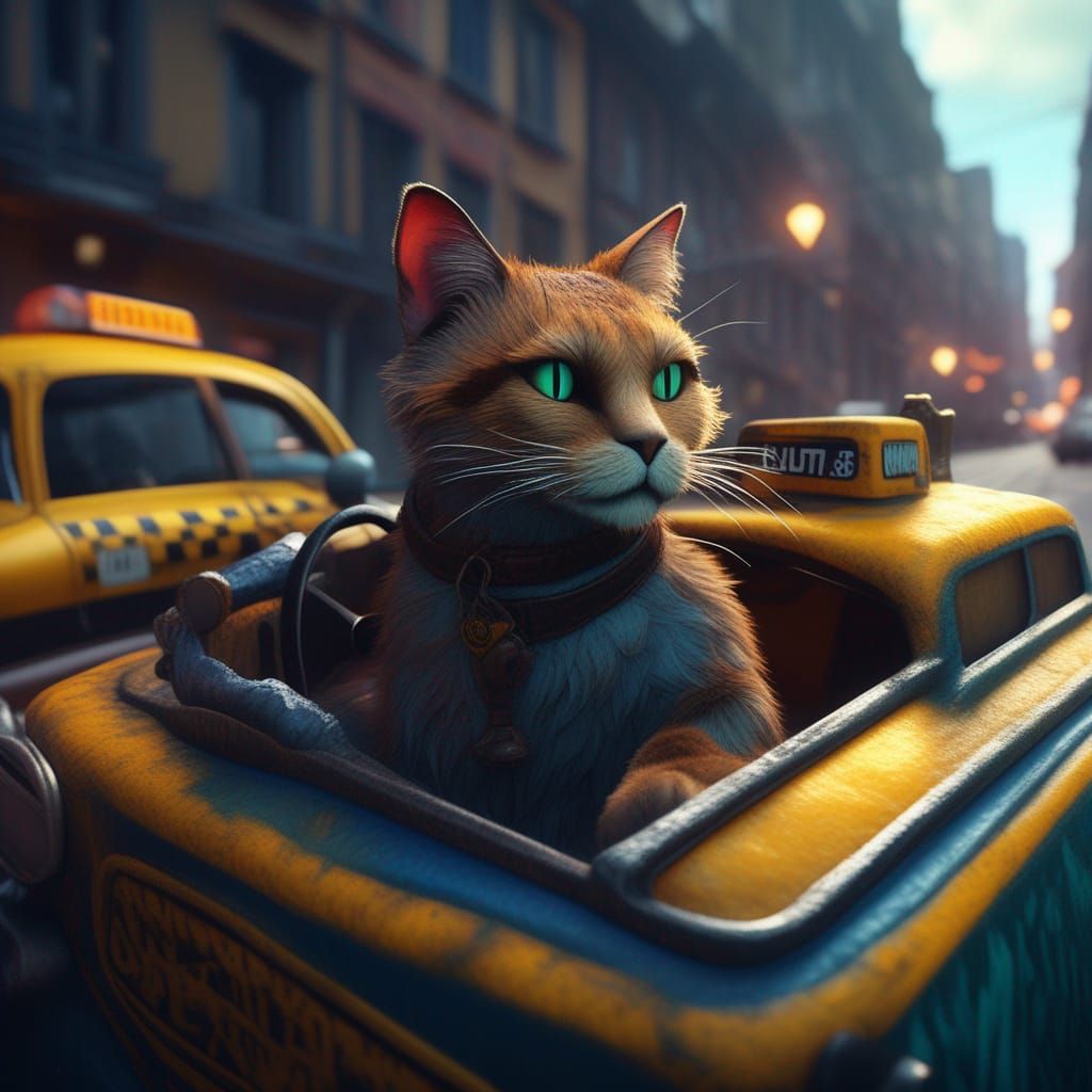 Cat Driving a Taxi: Detailed Fantasy Concept Art