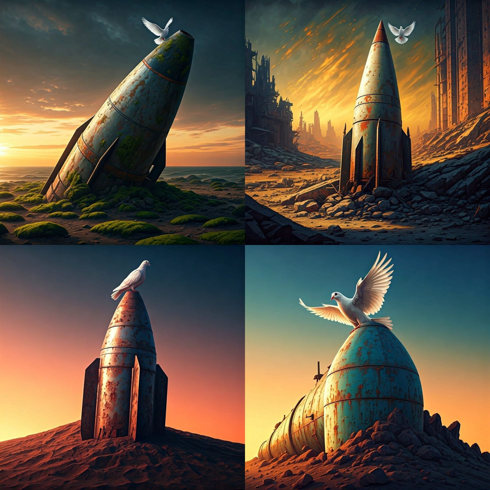 Dove of Peace on Rusty Missile: Hyperrealistic Art