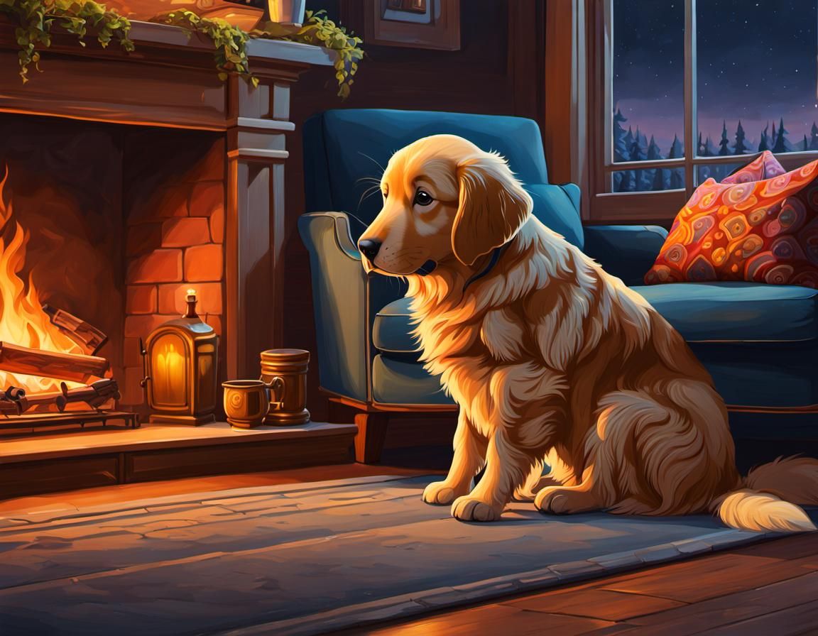 Cozy Winter Home with Golden Retriever Puppy