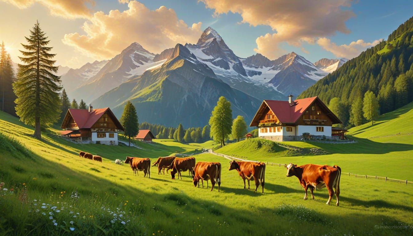Impressionist Swiss Alps Cows Grazing in Golden Hour