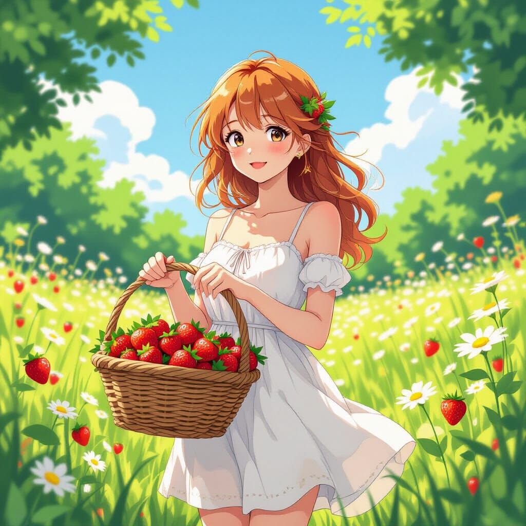 Strawberry Girl in Sunny Meadow - Anime Style