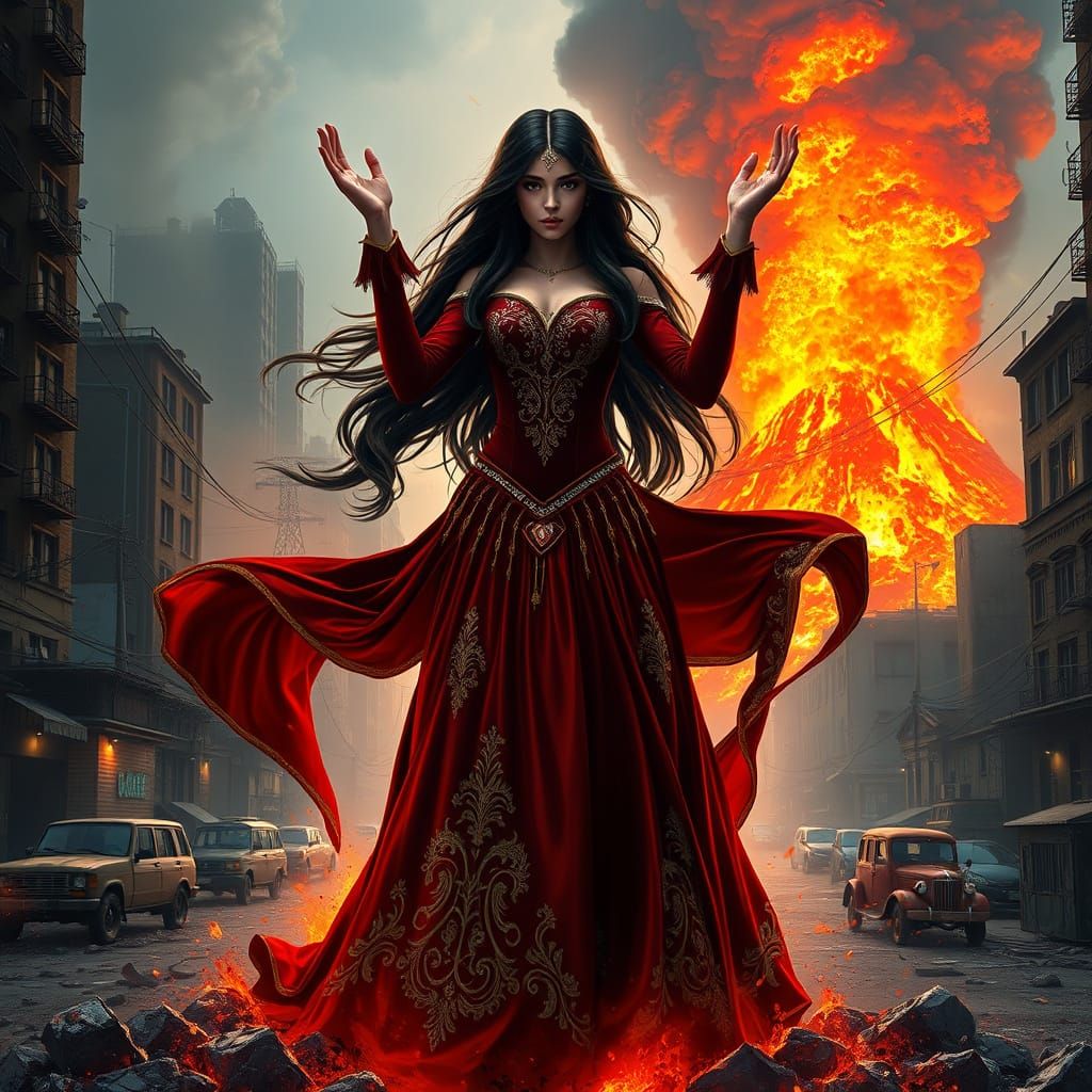 Regal Inferno: Cyberpunk Fantasy Princess in Fiery Splendor