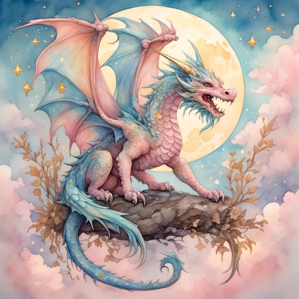 Pastel Dragon in Antique Watercolor Style