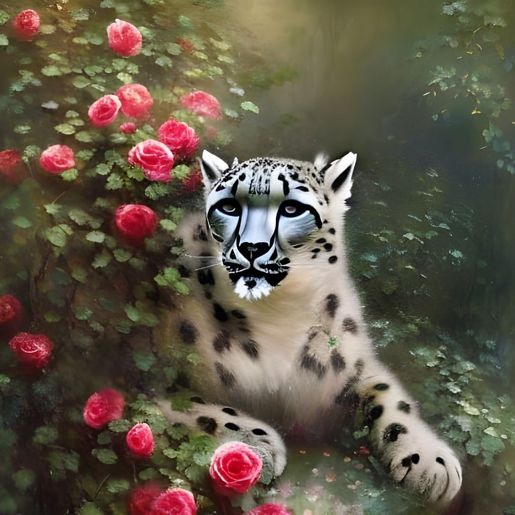 Snow Leopard in Rose Garden: Oil Painting Style