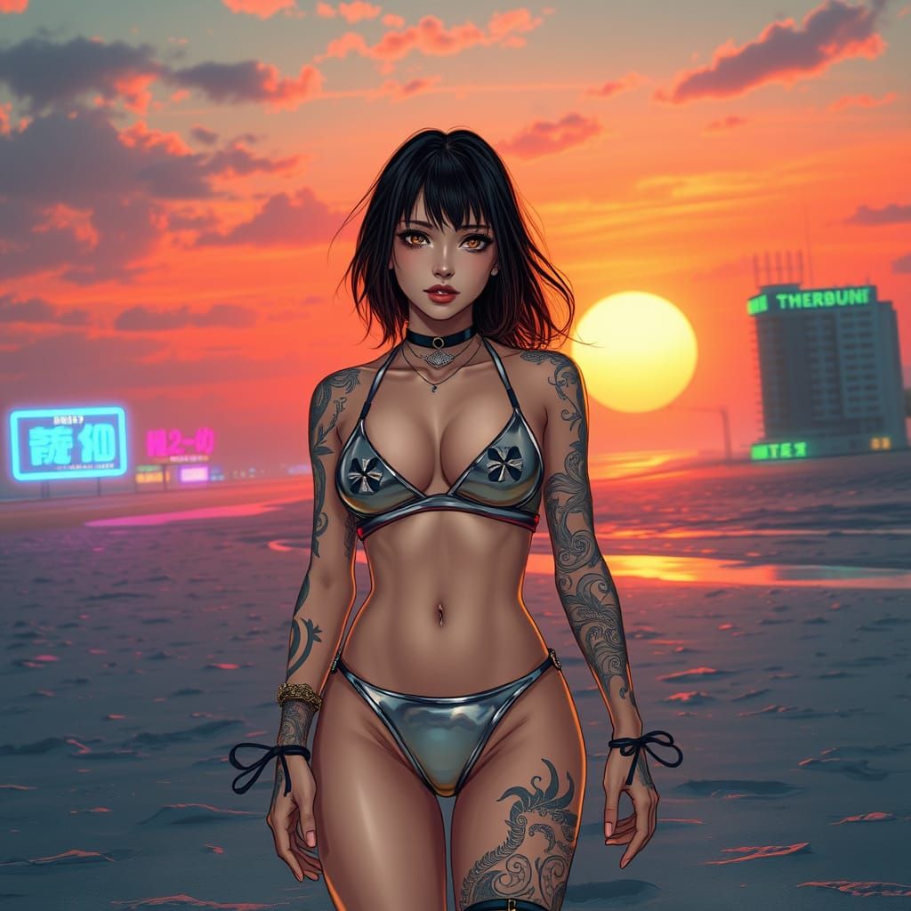 Cyberpunk Anime Woman on Desolate Beach