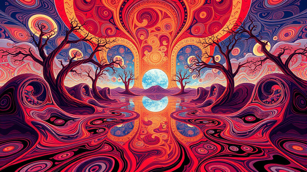 Escher-Inspired Mirrored Landscape with Zentangle Patterns