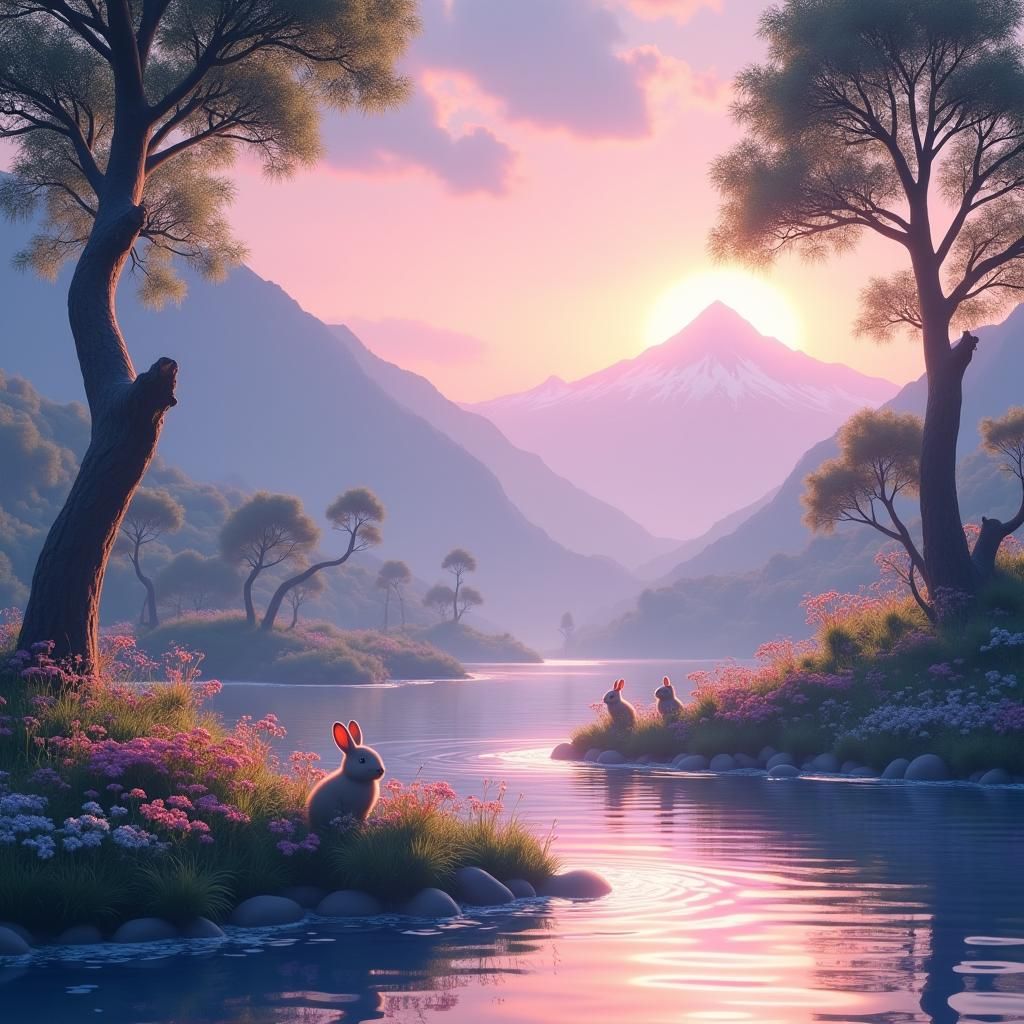 Pastel Sunset River Landscape with Rabbits