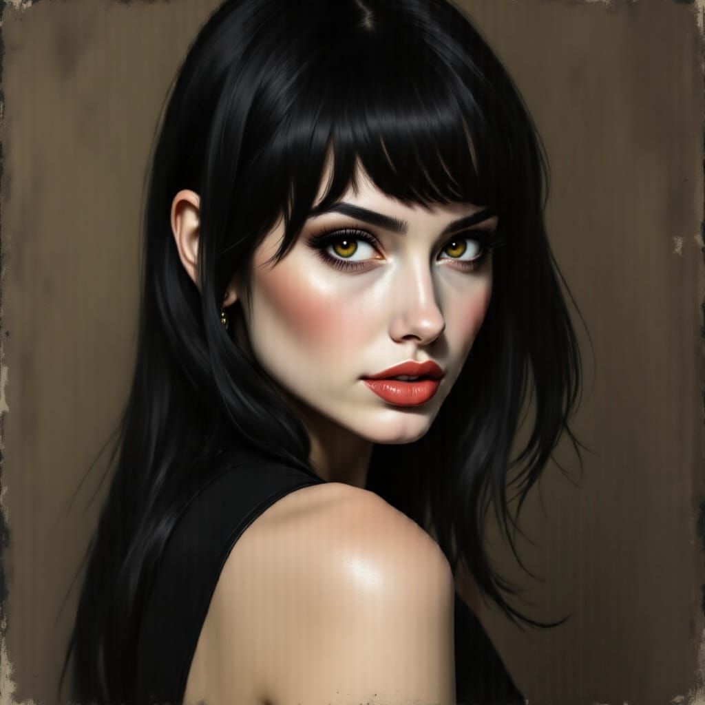 Elegant Woman with Piercing Green Eyes in a Retro Artistic S...