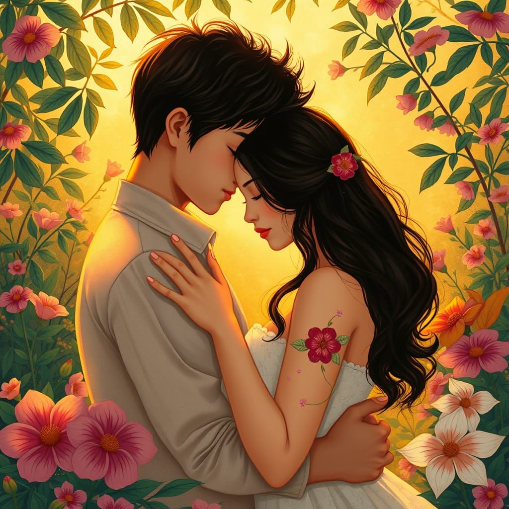 Romantic Couple Embracing in Dreamy Art Nouveau Style