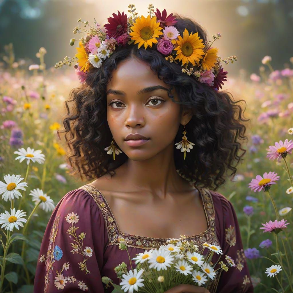 A young Black girl has a crown of various wildflowers and fo...