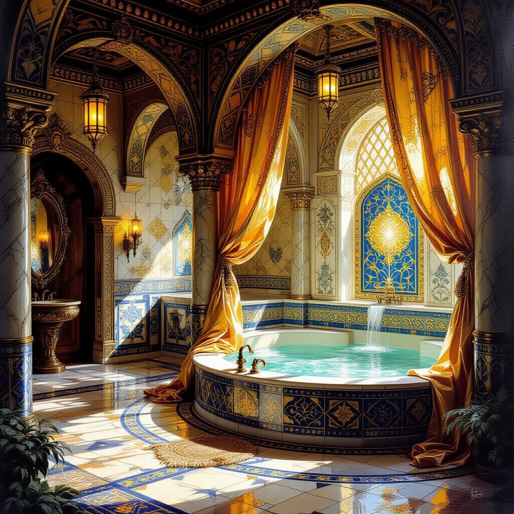 Fantasy Bathhouse with Silk and Golden Light