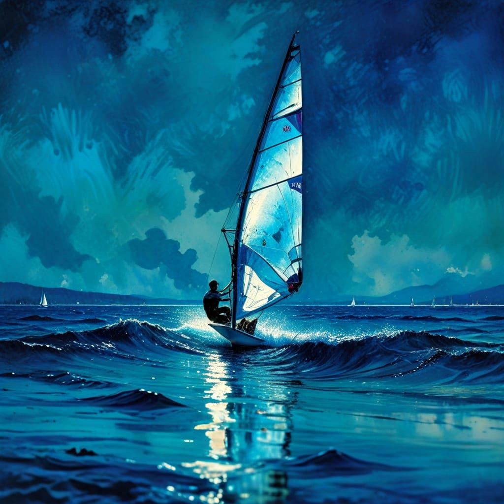 Surreal Windsurfing Scene in a Vibrant Watercolor Aesthetic