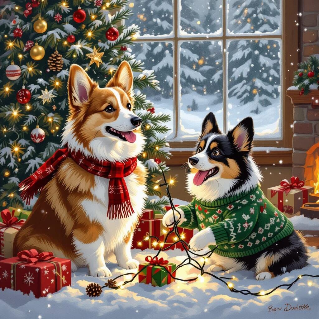 Corgis' Cozy Christmas: A Holiday Scene