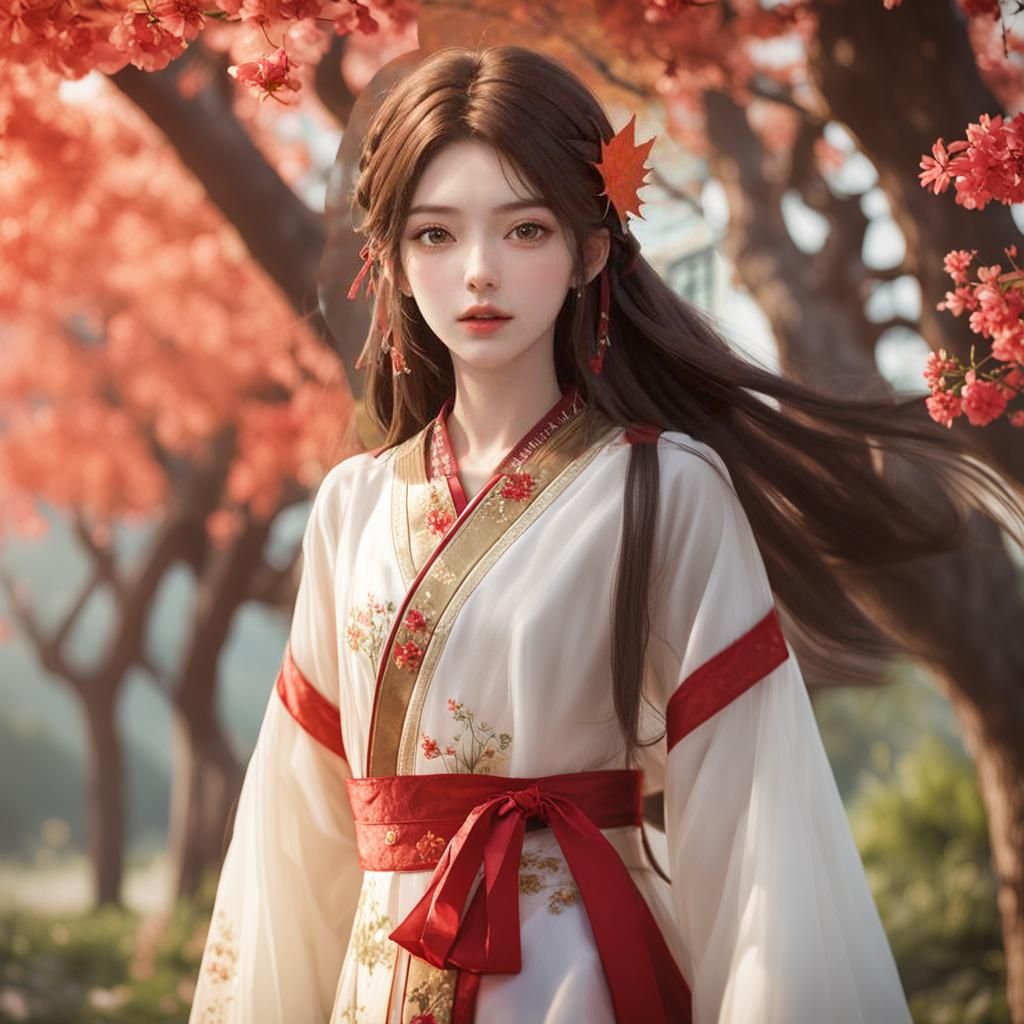Girl in Golden Hanfu in Garden Landscape