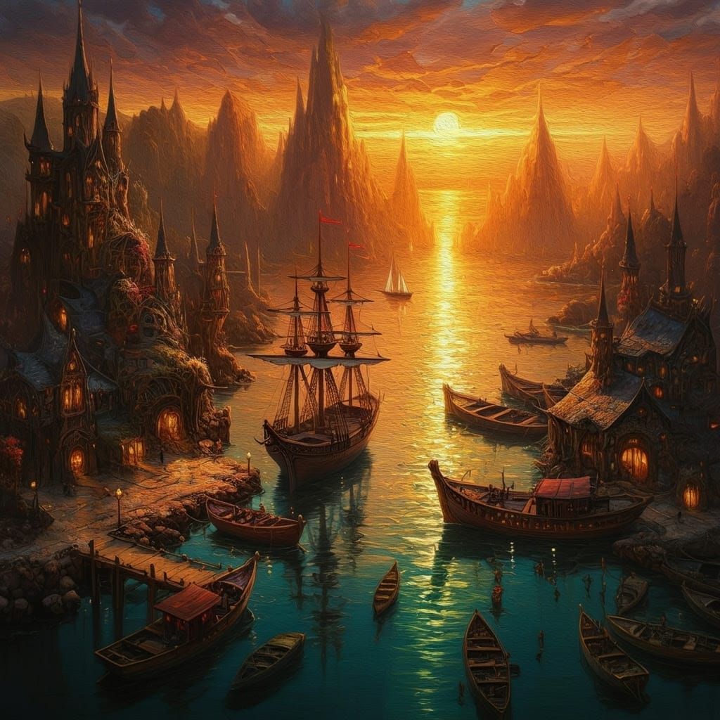 Fantasy Harbour at Sunset in Textured Acrylic Painting