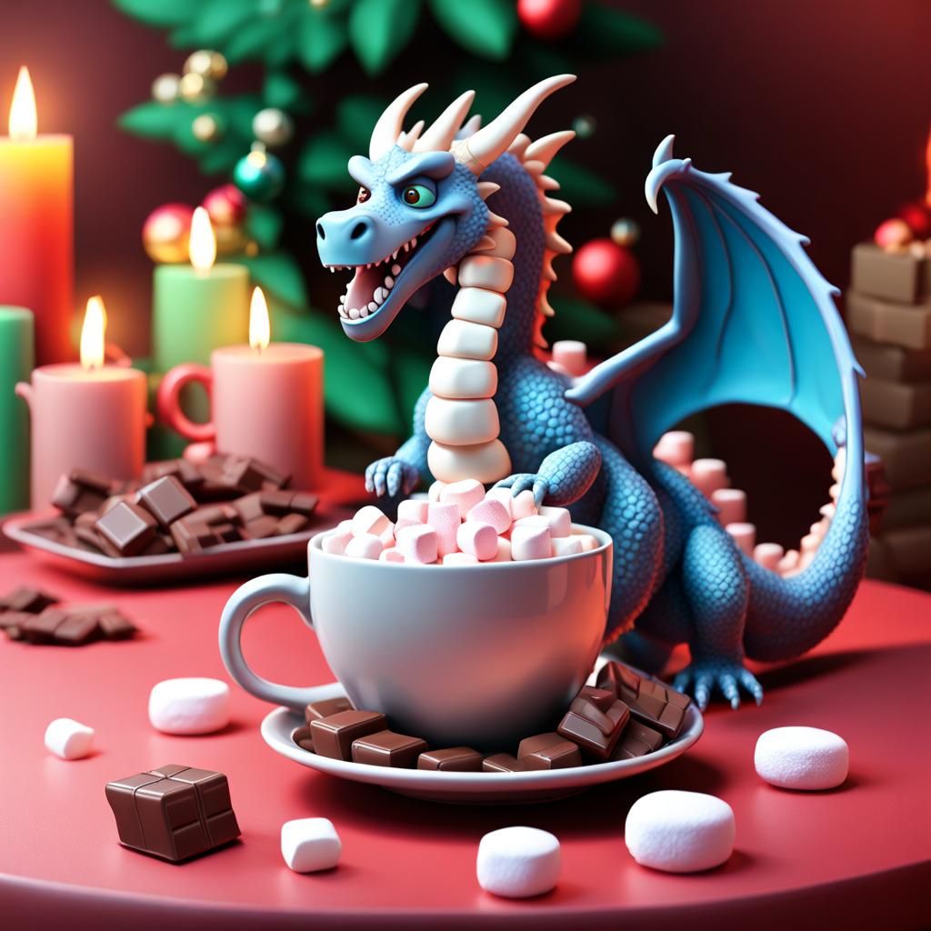 Cute Dragon with Hot Chocolate: 3D Digital Art