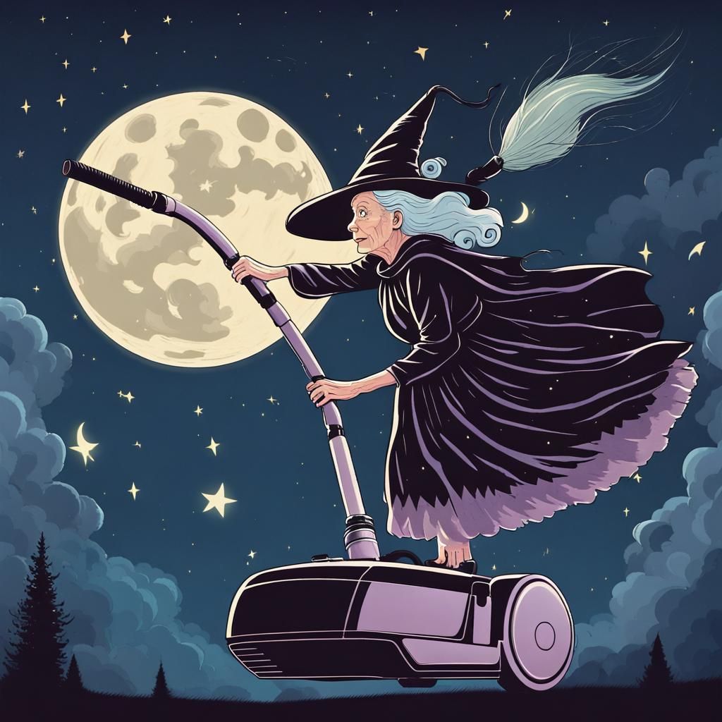Whimsical Witch Flies Vacuum Through Night Sky