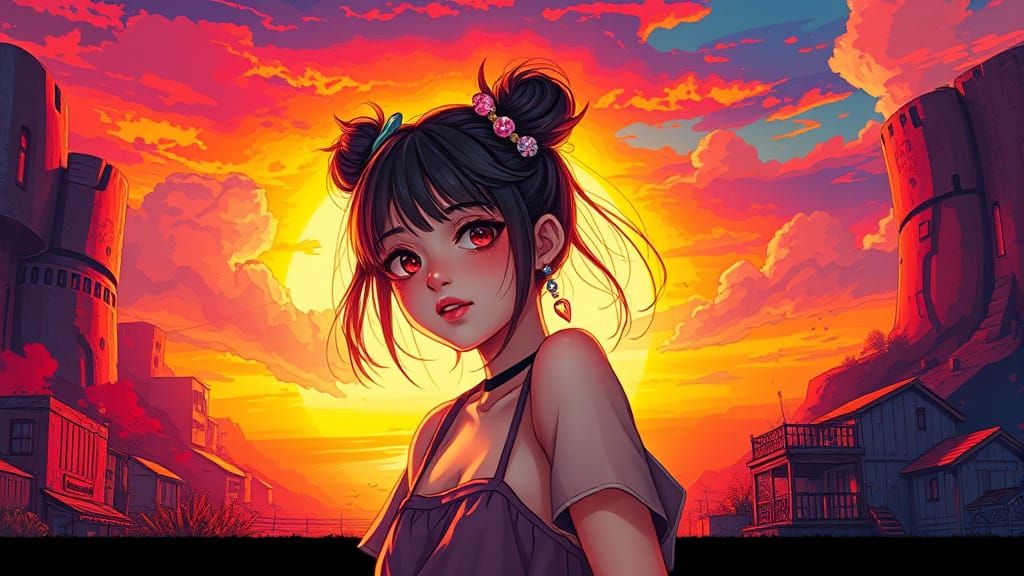 Kawaii Girl Posing in Hyperrealistic Sunset Splash Art