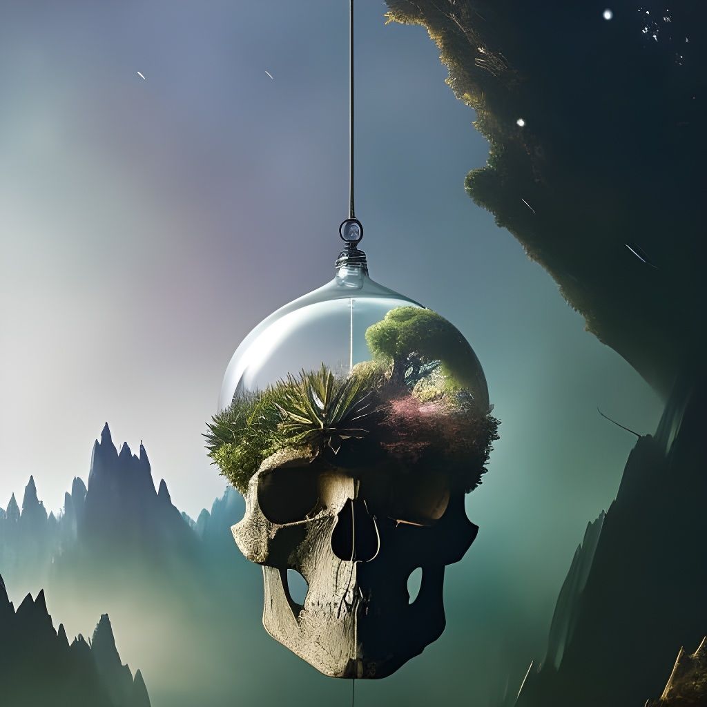 Terrarium Inside Skull with Celestial Background