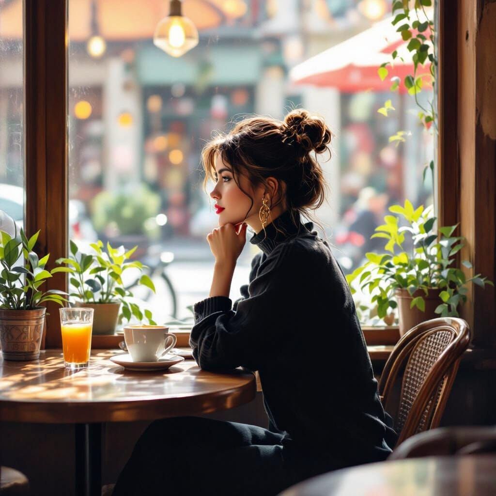 Cafe Scene: Woman at Window in Art Nouveau Style