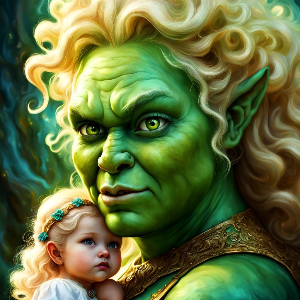 Ogre Nanny with Toddler Girl: Fantasy Oil Painting