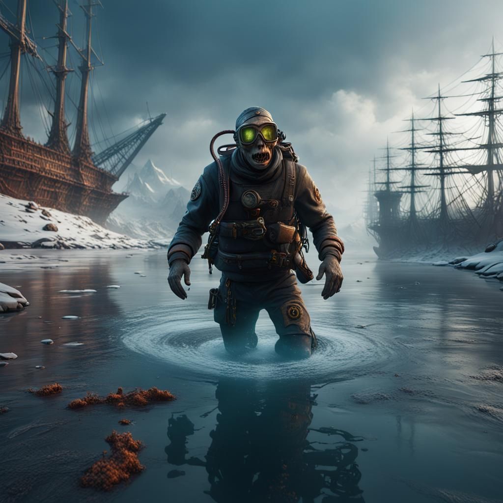 Zombie Scuba Diving in Winter River with Shipwreck