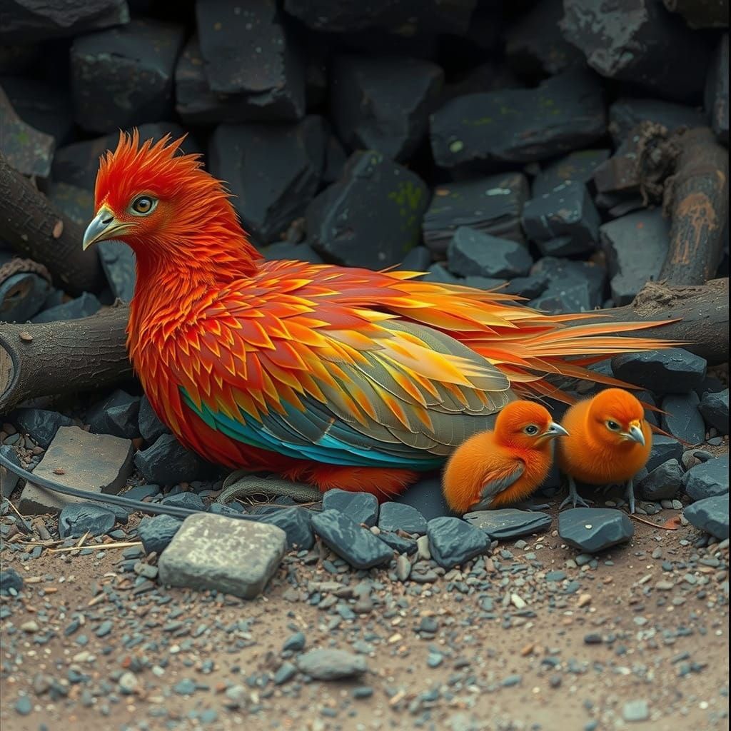 Serene Phoenix Mother Surrounded by her Baby Birds in Smolde...