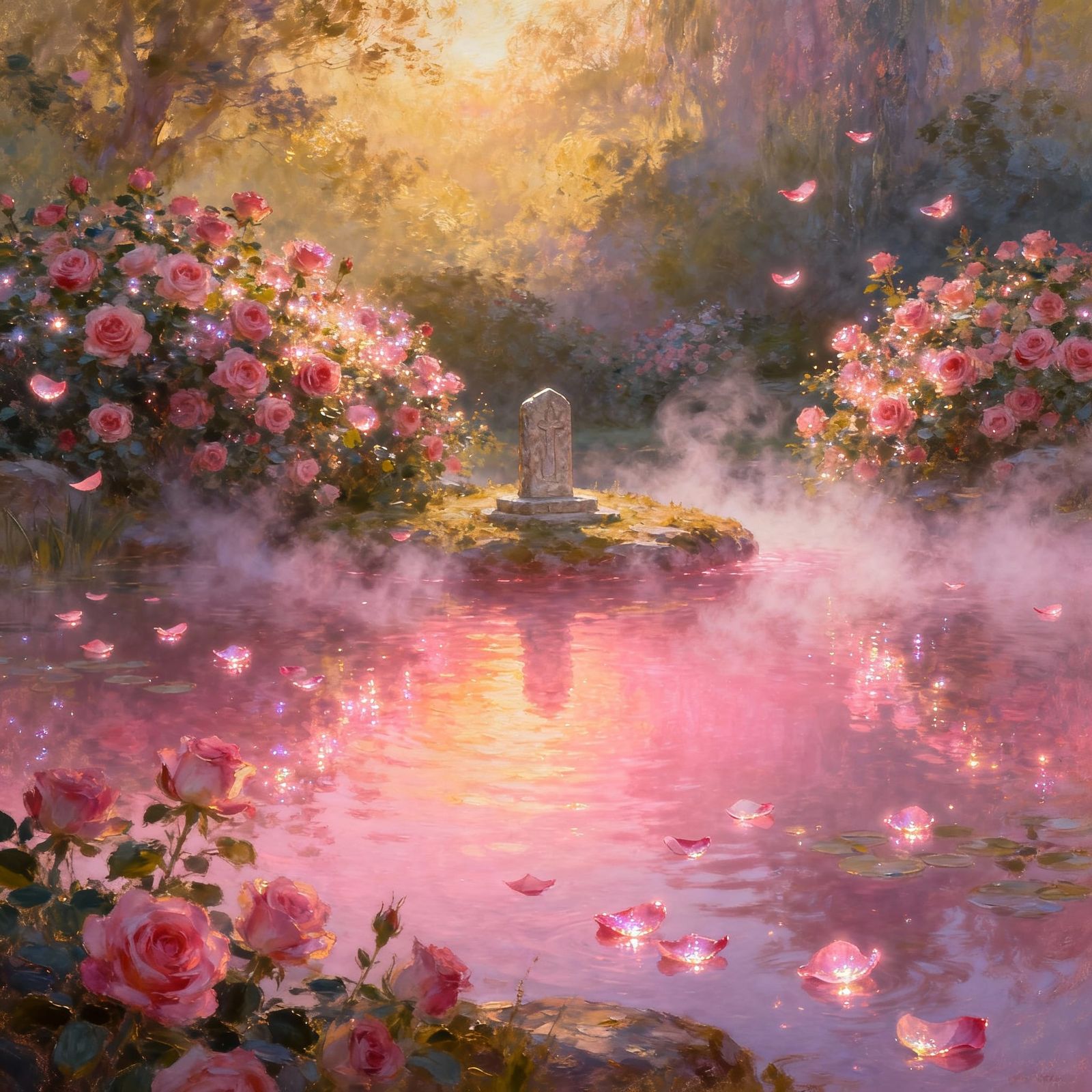 Enchanted Rose Lake in Impressionist Style