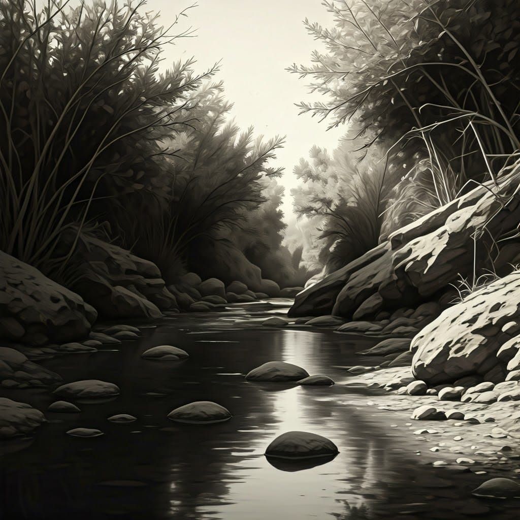 Banias Stream in Israel: Hyperdetailed Charcoal Sketch