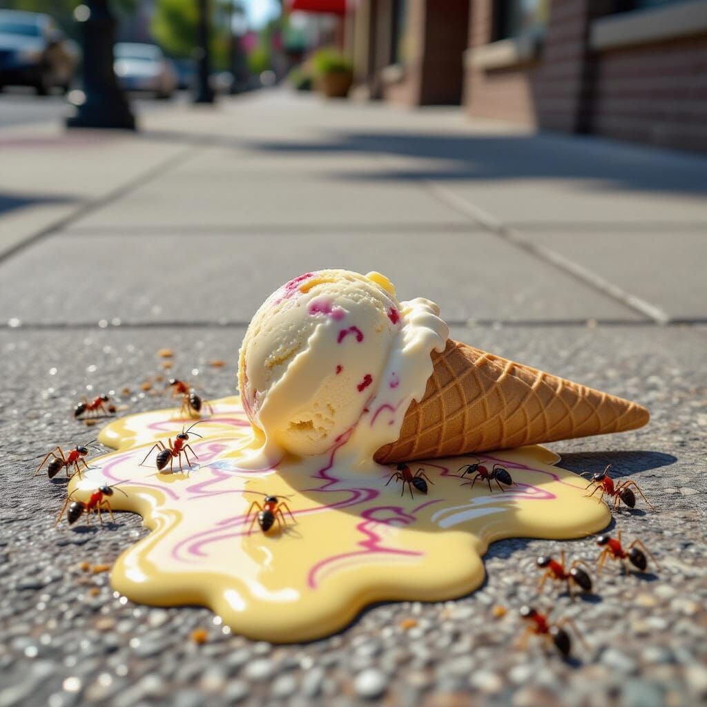 Melting Ice Cream Cone on Sunny Sidewalk