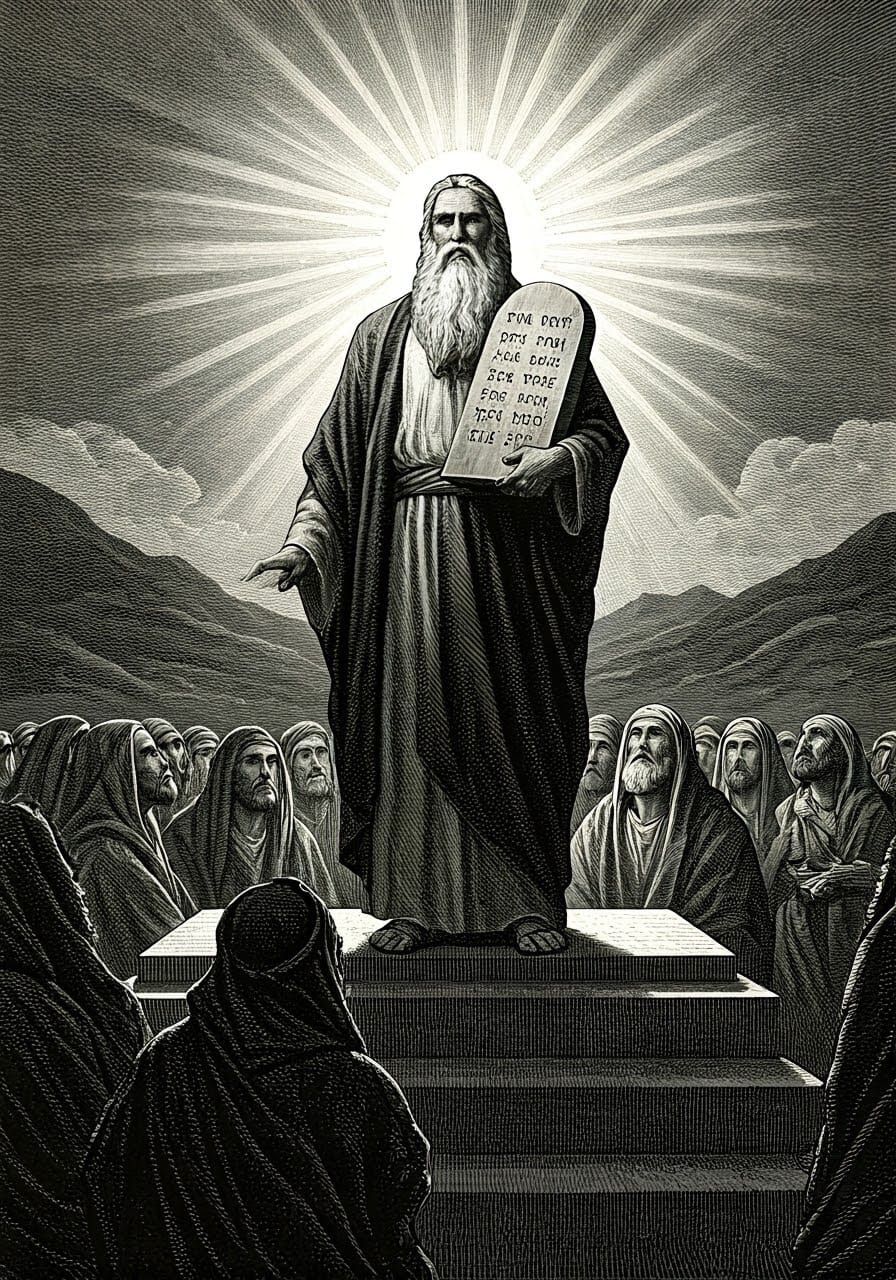 Biblical scene of Moses presenting the Ten Commandments to t...