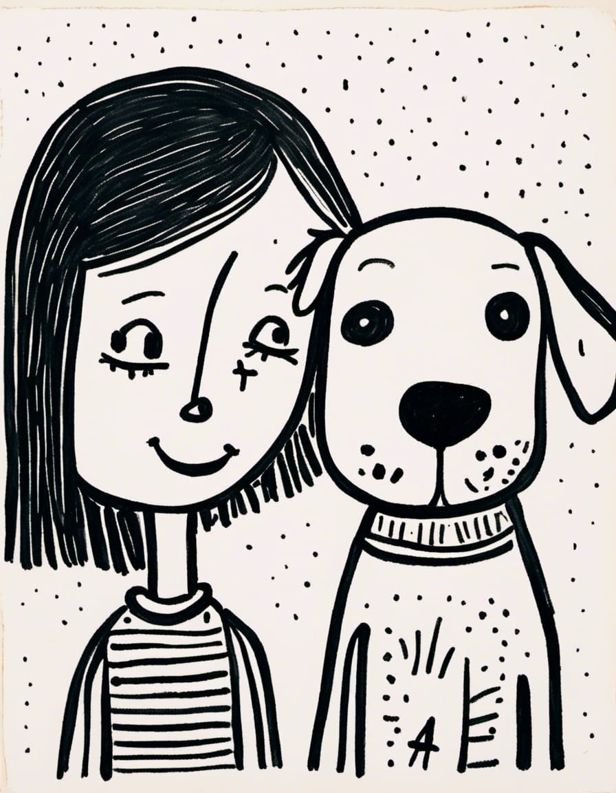Minimalist Doodle Art of Woman and Dog
