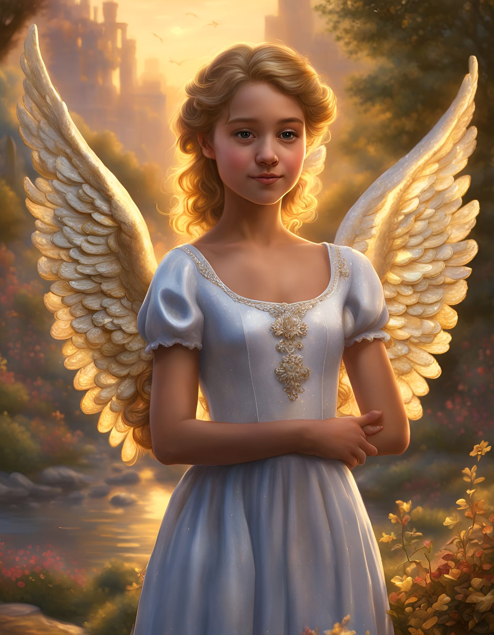 Teen Angel in Golden Hour, Detailed Painting