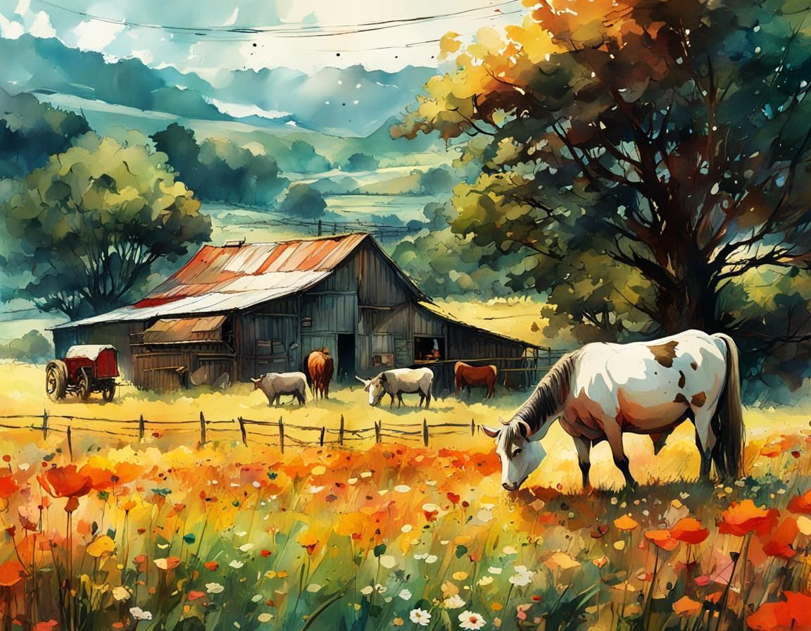 Pastoral Farm Life in Anime Realism Watercolor