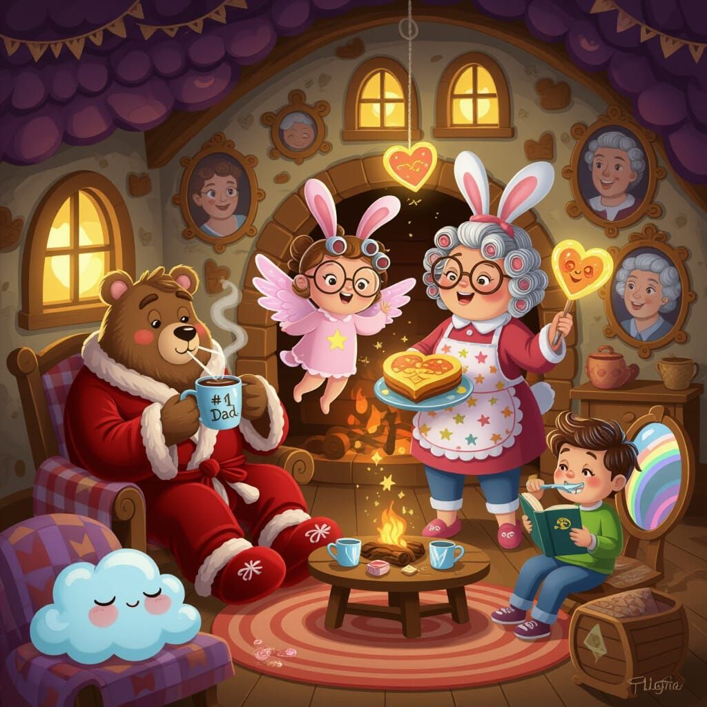 Whimsical Magical Family in Enchanted Cottage Scene