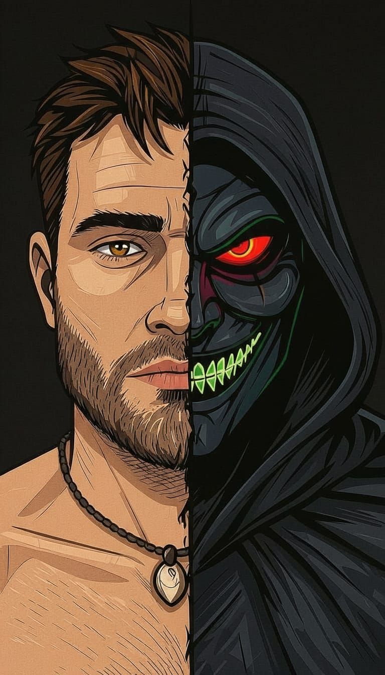 Split Face Illustration: Realistic Man Meets Sinister Masked...
