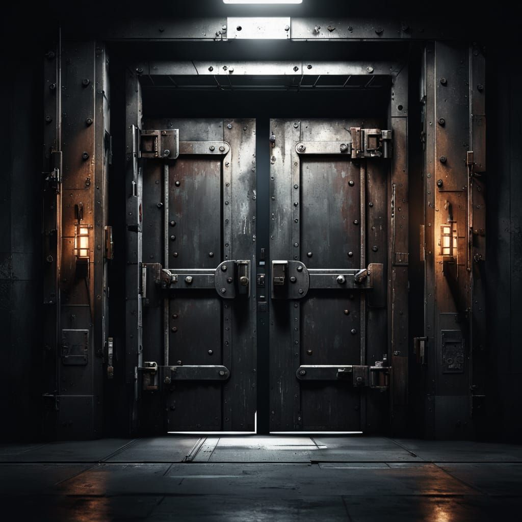 Stark Reinforced Metal Door in Dark Corridor