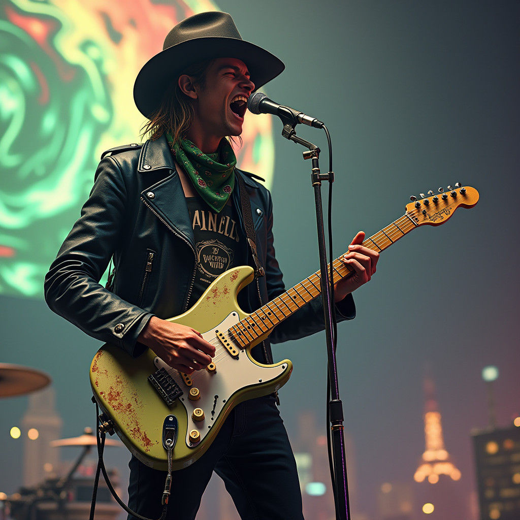 Rock Star Portrait on Stage with Cityscape Backdrop