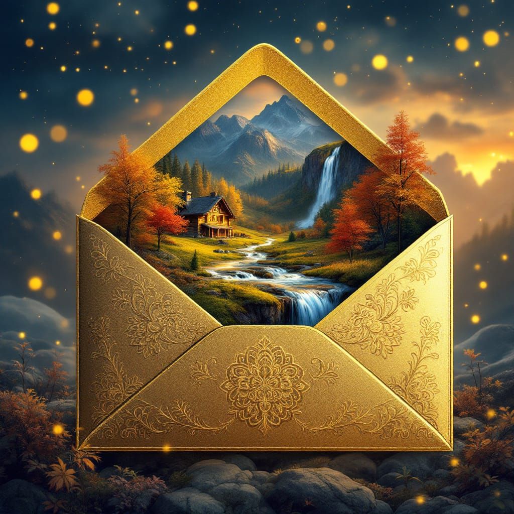 Golden Envelope Reveals Enchanted Autumn Landscape at Sunset
