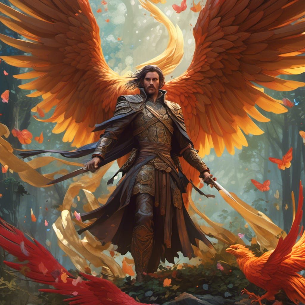 Swordsman Versus Phoenix in Art Nouveau Style